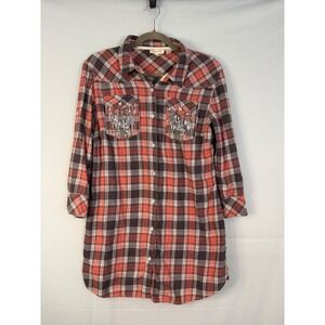 Miss Me Plaid Button Down Womens Large Coral Grey Sequin Fringe Western
